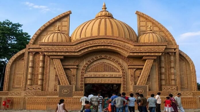 सोमनाथ मंदिर की तर्ज पर बनने वाले 70 फीट ऊंचे और डेढ़ करोड़ रुपये की लागत वाले भव्य दुर्गा पूजा पंडाल का डिजिटल मॉडल।